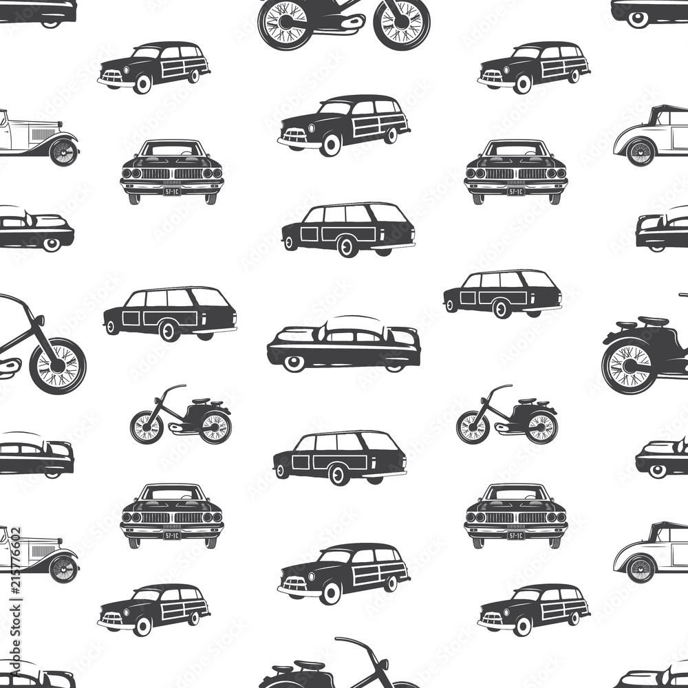 Surfing transport seamless pattern. Retro Surf car, motorcycle wallpaper background in monochrome style. Vintage hand drawn concept. Stock vector illustration isolated on white