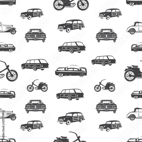 Surfing transport seamless pattern. Retro Surf car, motorcycle wallpaper background in monochrome style. Vintage hand drawn concept. Stock vector illustration isolated on white