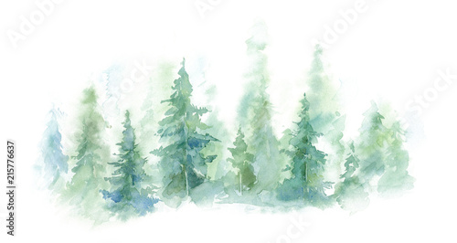Zielony krajobraz mglistego lasu, zimowego wzgórza. Dzika przyroda, zamarznięta, mglista, tajga. tło akwarela