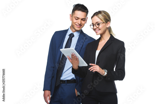 young business partners using tablet together isolated on white