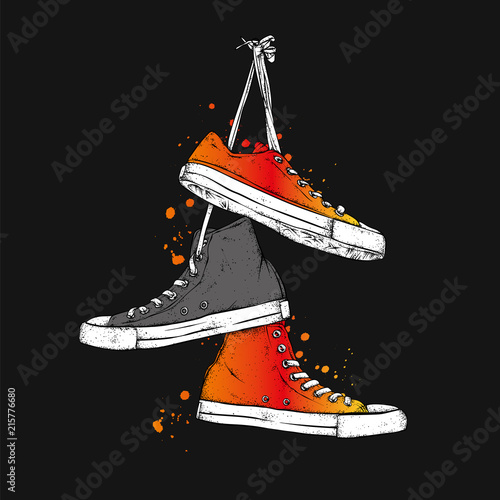 Hand-drawn stylish sneakers. Vector illustration for a postcard or a poster, print for clothes.