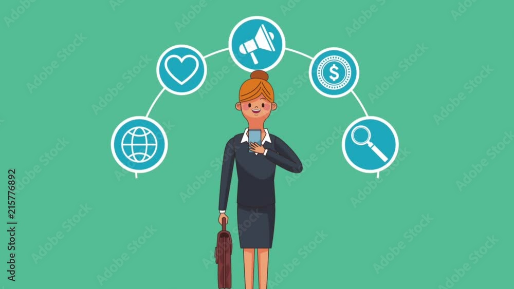 Businesswoman with smartphone checking social networks high definition animation colorful scenes Businesswoman with smartphone checking social networks high definition animation colorful scenes
