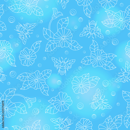 Seamless pattern with colorful bees and flowers ,light outlines on blue background