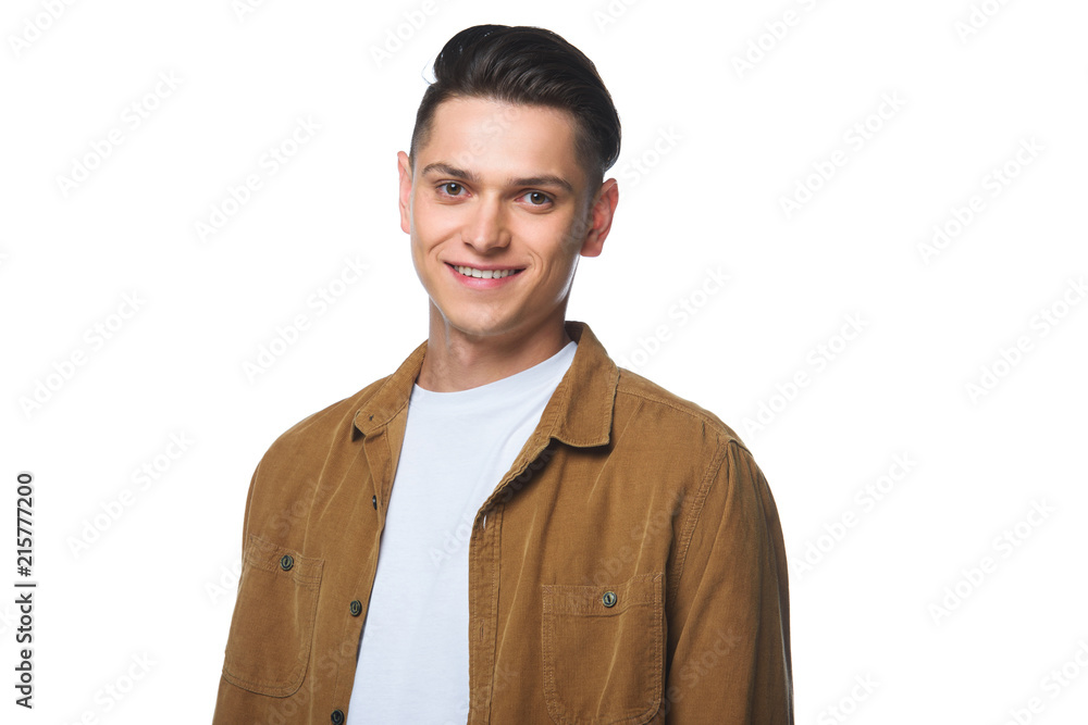 handsome young man in stylish shirt looking at camera isolated on white handsome young man in stylish shirt looking at camera isolated on white