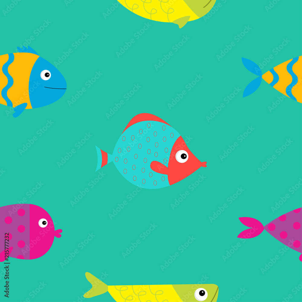 Naklejka premium Cute cartoon fish icon set. Seamless Pattern. Flat design. Baby kids collection. Colorful aquarium animals. Green background. Isolated. Wrapping paper, textile template.
