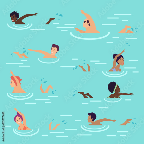 Vector cartoon flat summer seamless pattern with people swimming in the sea or pool. Swimmers in water.