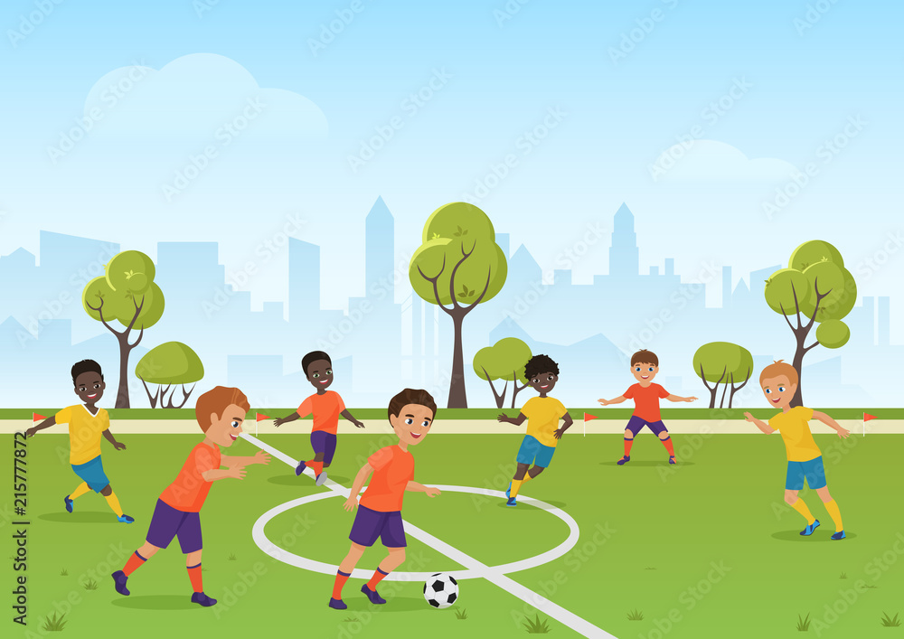 Premium Vector  Vector illustration of cartoon kids playing soccer ball