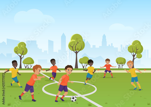 Kids soccer game. Boys playing soccer football on the school sport field. Cartoon vector illustration.