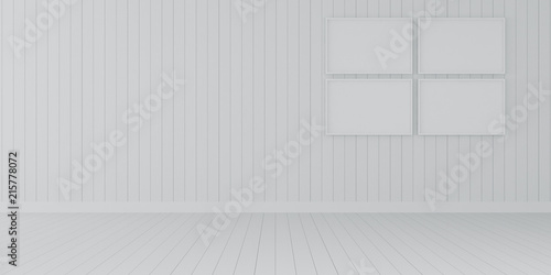 Stimulate scene of white empty room with picture frame on the wall Perspective of minimal architecture. 3D rendering.