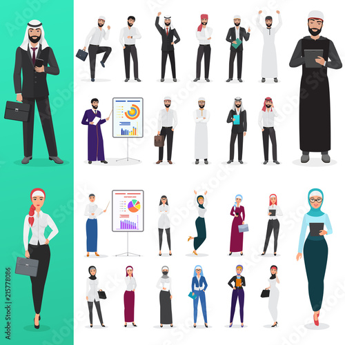 Vector Arabian muslim business man and business woman poses working office character design set.