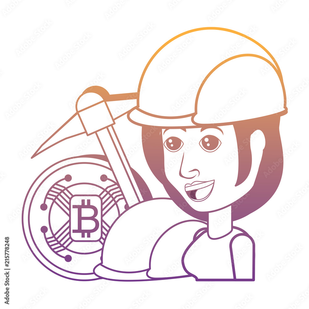 bitcoin coin with cartoon woman and pickaxe tool over white background, vector illustration
