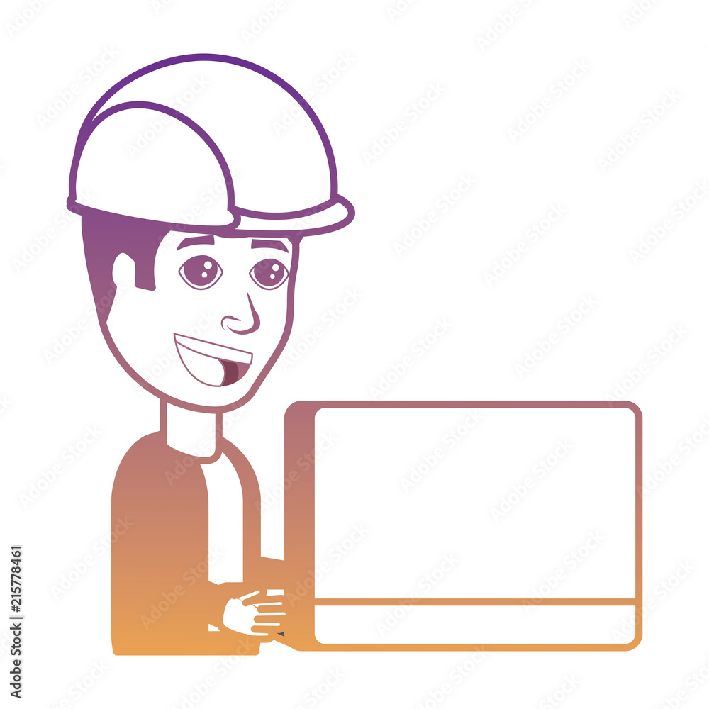 cartoon woman with safety helmet and using a laptop computer over white background, vector illustration cartoon woman with safety helmet and using a laptop computer over white background, vector illustration