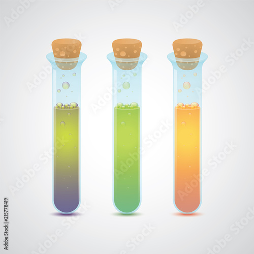 Three Different Colors Realistic Beakers with Bright Liquid and Bubbles. Chemical Laboratory.
