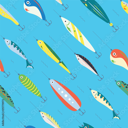 Seamless Pattern Different Color Fishing Bait with Big and Small Cartoon Fishes in the Ocean or Sea. Blue Marine Background.