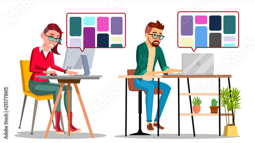 Graphic Designer At Work Vector. Man, Woman Searching For References On Popular Creative Web Site. Freelance Concept. Isolated Illustration