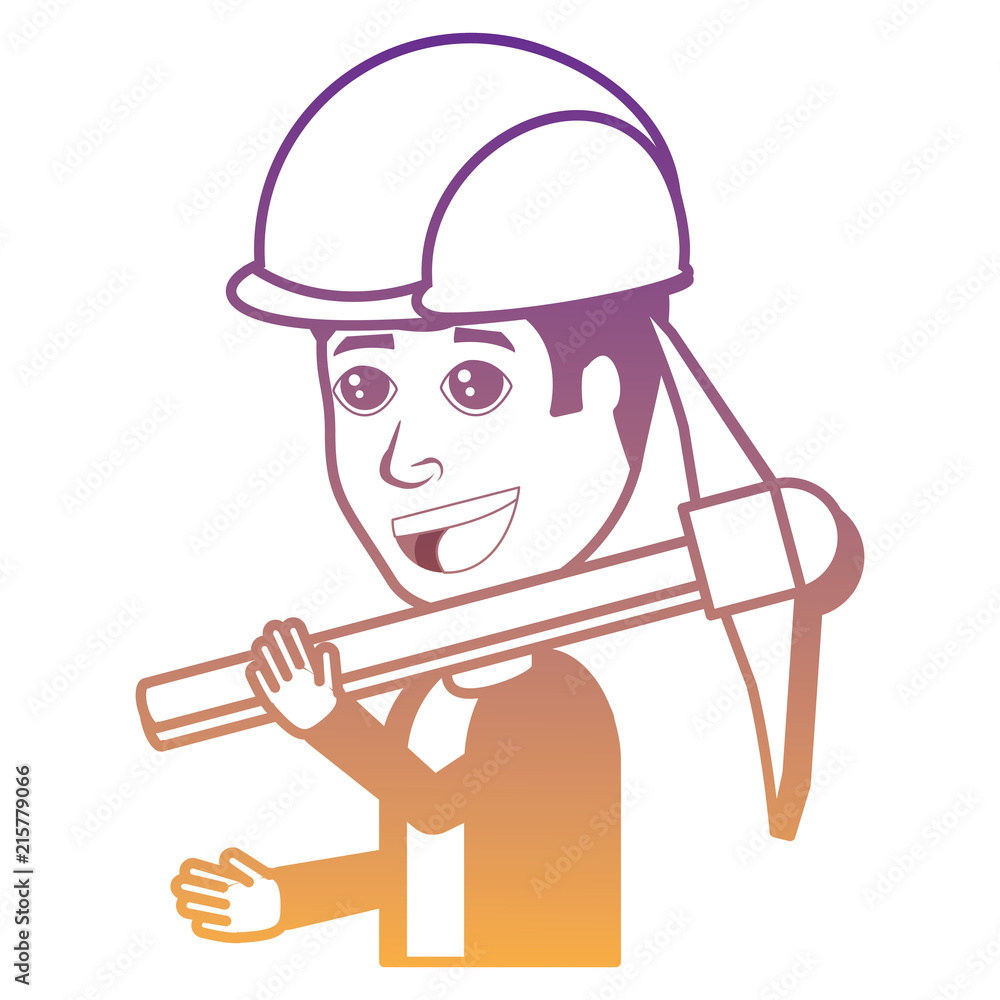 cartoon man holding a pickaxe and wearing a industrial helmet over white background, vector illustration