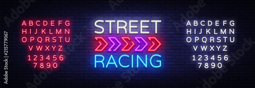 Street Racing Night Neon Logo Vector. Racing neon sign, design template, modern trend design, sports neon signboard, night bright advertising, light banner, light art. Vector. Editing text neon sign