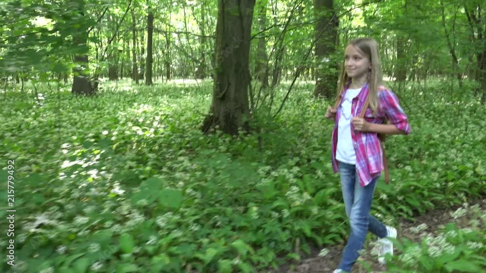 Child Walking in Forest, Happy Girl, Kid Outdoor Nature, Wood Camping, Pov View Child Walking in Forest, Happy Girl, Kid Outdoor Nature, Wood Camping, Pov View