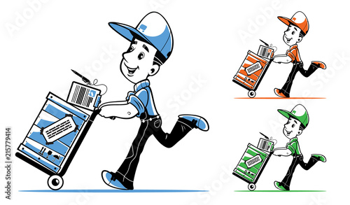 Courier, delivery of large cargo. Quickly, accurately and reliably delivered any of your items.
Suitable for website, printing and your advertising. Vector character on a white background.
