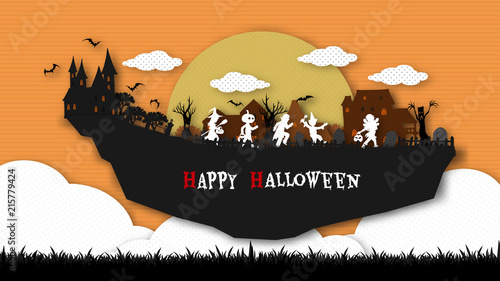 A group of kids are running happily on Halloween night.Halloween background from vector