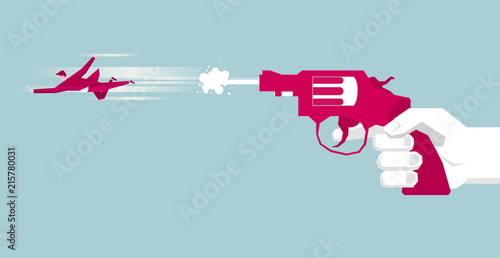 Revolver shooting, businessman shot from the pistol. The background is blue.