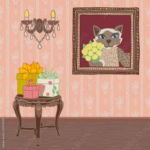 Classical interior with gifts on table and cat painting