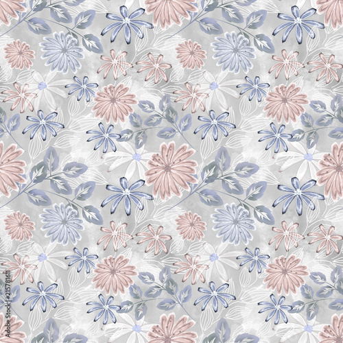 Seamless floral pattern . Light blue, pink flowers on light grey background.