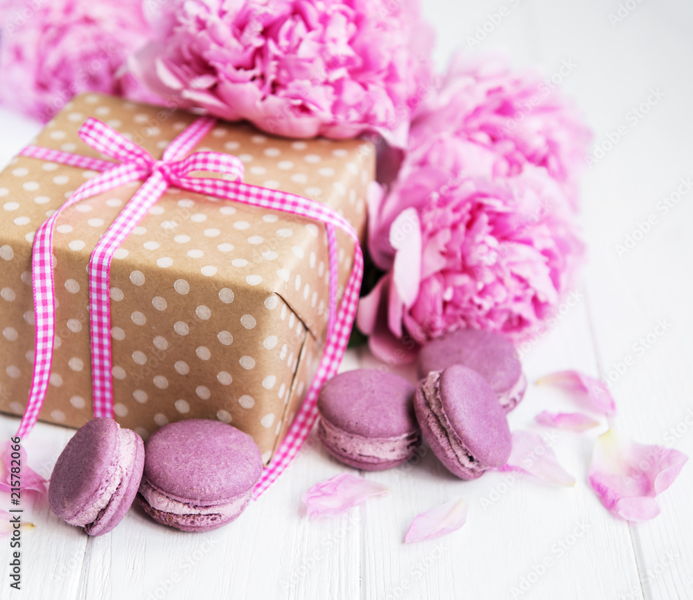 pink macaroons with peonies and gift box pink macaroons with peonies and gift box