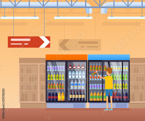 Supermarket shelves, fridge with drinks. Boy get drink from refrigerator.
