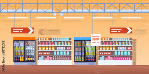 Supermarket shelves, fridge with drinks. Buying in supermarket, store.