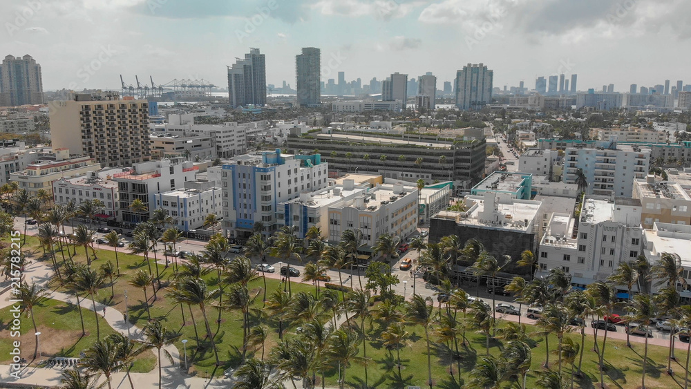 Panoramic aerial view of Miami Beach coastline and skyline, Florida