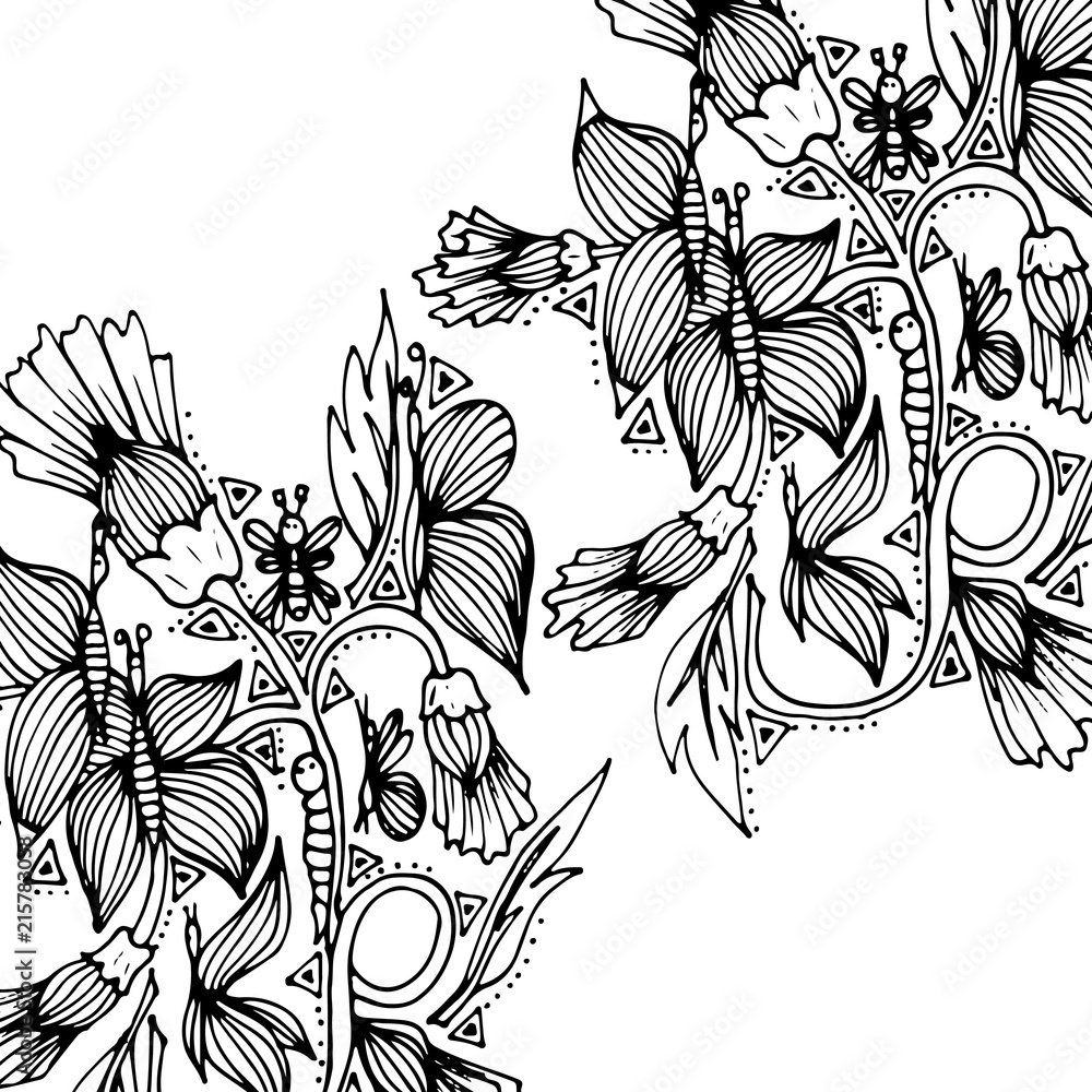 Fototapeta premium Spring field flowers with butterflies, insects, doodle, hand drawn pattern