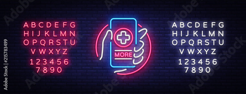 Medical Online neon sign design template. Medical Online neon emblem, light banner. Online consultation. Smartphone in hand. Vector illustration. Editing text neon sign
