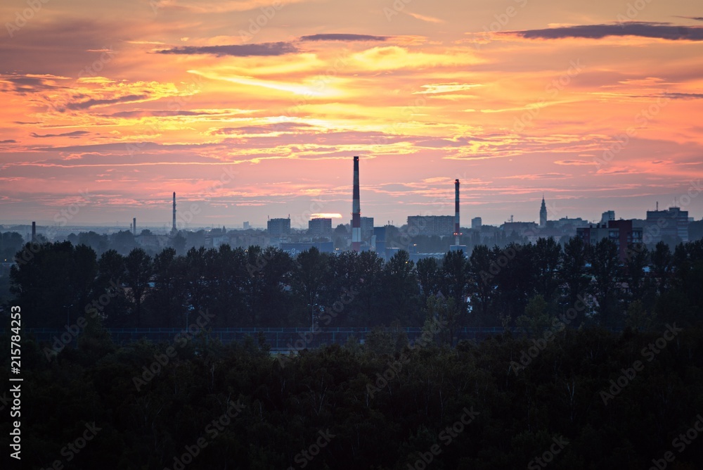 Sunset over industrial zone in Gliwice