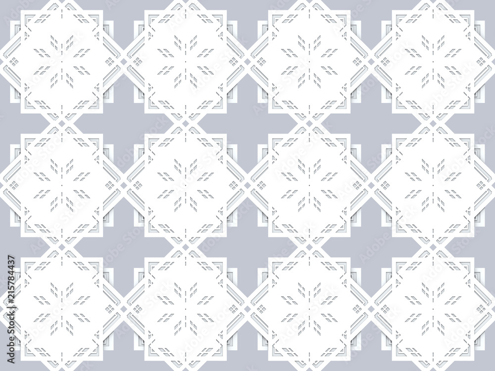 3d rendering. seamless square art pattern on gray baackground.
