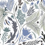 Abstract nature seamless pattern hand drawn. Ethnic ornament, floral print, textile fabric, botanical element. Vintage retro style. Image of flowers of leaves and other natural objects.