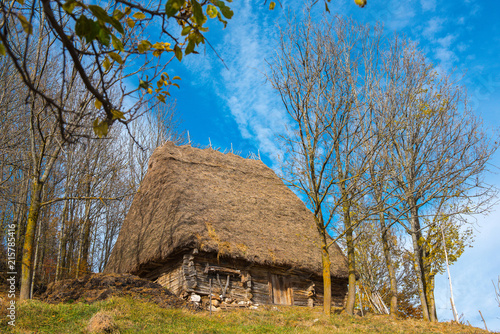 Mountain hut in autumn forest
