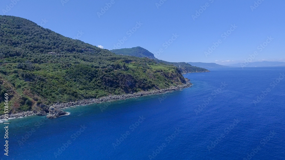 Tonnara Beach in Palmi, Calabria. Panoramic sunset aerial view in summer season