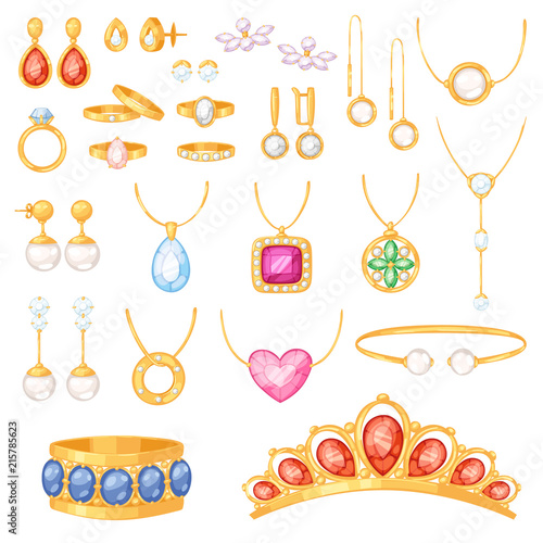 Jewelry vector jewellery gold bracelet necklace earrings and silver rings with diamonds jewel accessories set illustration isolated on white background
