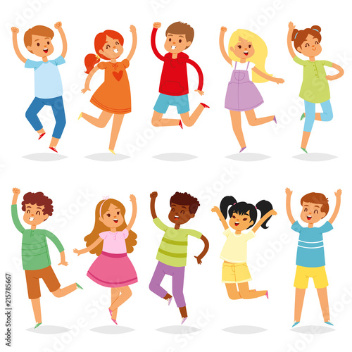 Jumping kids vector yong child character in jump activity in childhood illustration set of playful children and laughing boy or girl at school or kindergarten isolated on white background