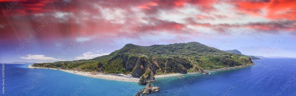 Fototapeta premium Panoramic aerial view of Tonnara Beach in Calabria with Scoglio Ulivo, Italy