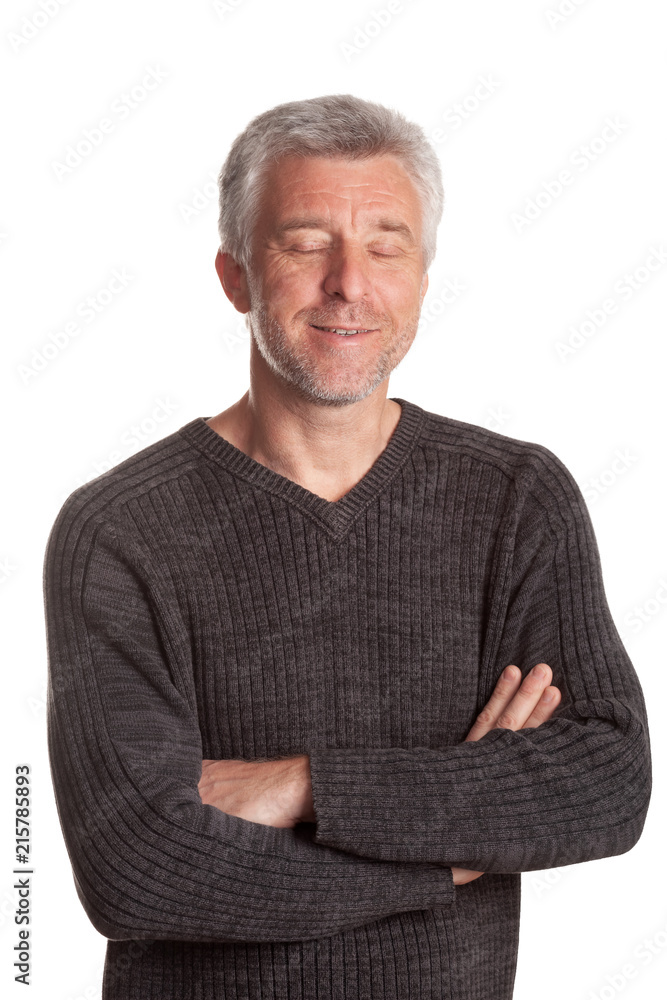 portrait old man stands to smiling to closed eyes portrait old man stands to smiling to closed eyes