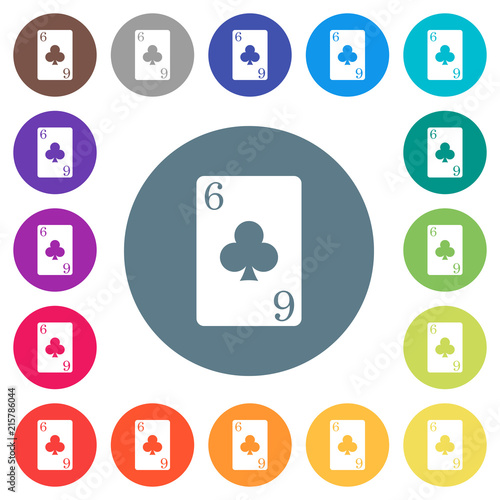Six of clubs card flat white icons on round color backgrounds © botond1977