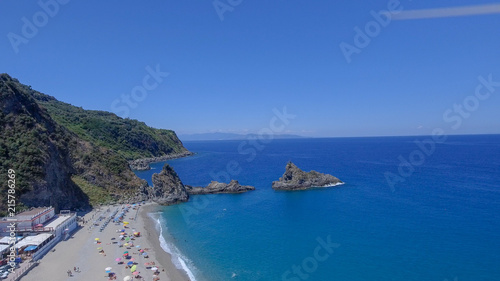 Tonnara Beach in Palmi, Calabria. Panoramic sunset aerial view in summer season photo