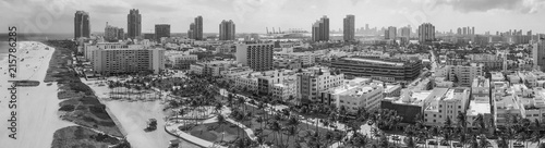 MIAMI BEACH - APRIL 11  2018  Aerial panoramic view of coastline and cityscape. Miami attracts 20 million tourists annually