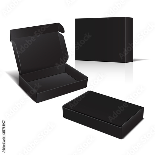 Set of Black Cardboard Box. Vector 3d Package for Software, electronic device and other products