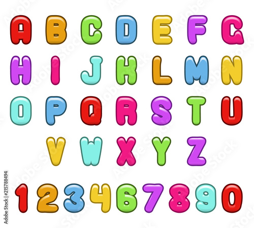 Children party jelly glossy abstract fun alphabet a to z numbers font symbol icons vector illustration