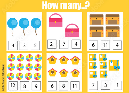 Counting educational children game, kids activity. How many objects task