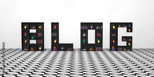 Abstract banner with shelves of cubes that write the word blog. with colorful lightbulbs, books and decoration. 3d render
