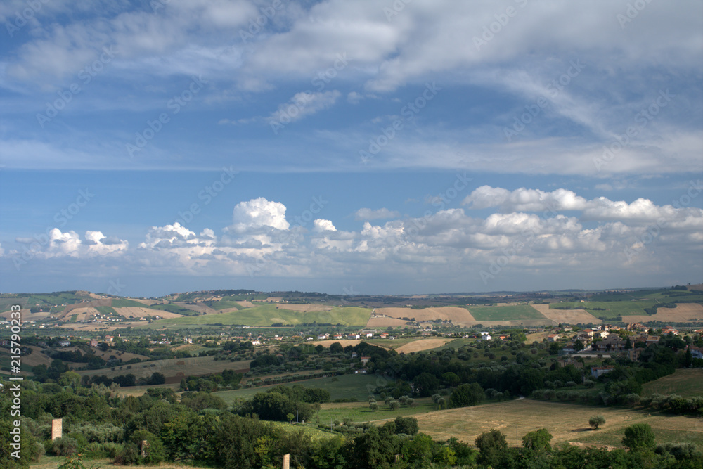 landscape,countryside,horizon,panoramic,clouds,hill,agriculture,crpos,field,view,sky,blue,white,panorama,summer,italy,rural